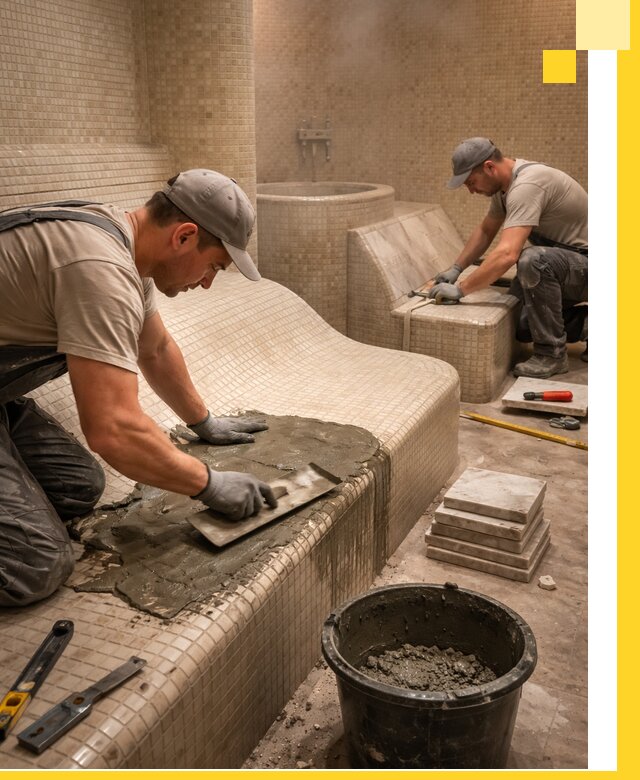 Лежаки для хамама под ключ в Переславле-Залесском, проект и монтаж